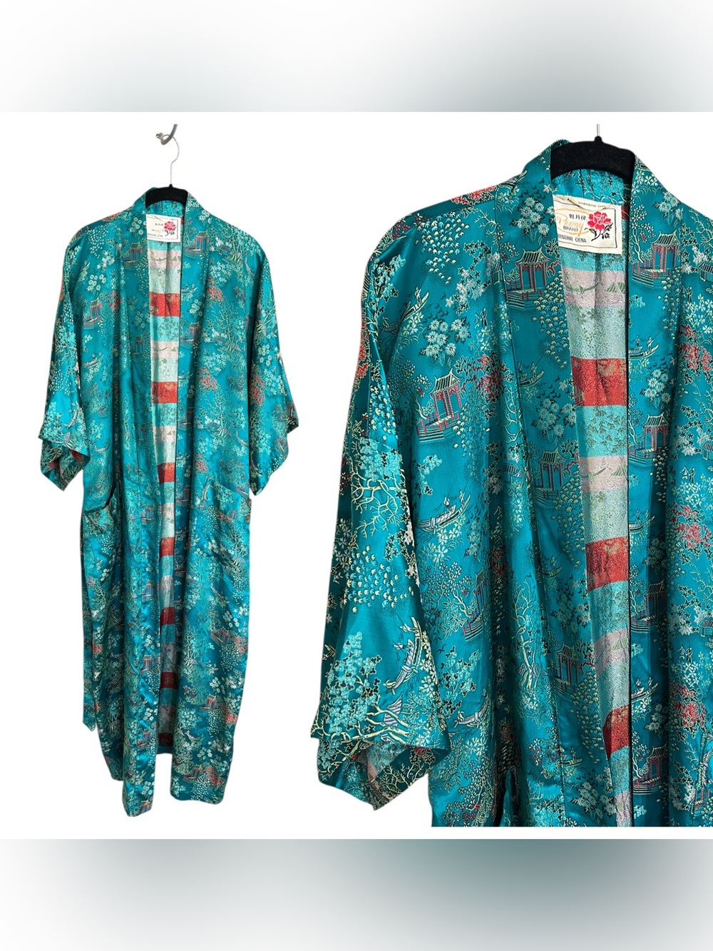 Vintage Peony Brand Shanghai China Chinoiserie long robe teal satin kimono